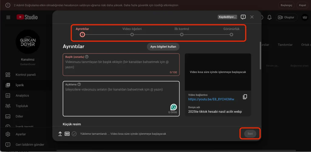 masaüstünden youtube shorts yükleme yolları