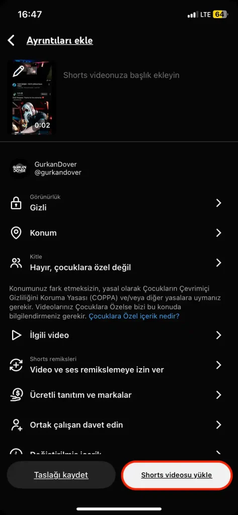 youtube shorts yükleme 